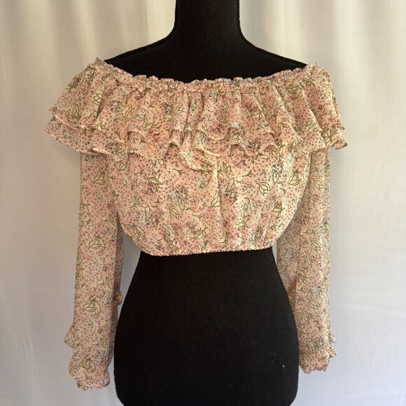 Lulus Tops - Lulus Teddi Blush Pink Floral Print Ruffled Off the‎ Shoulder Crop Top Small-364